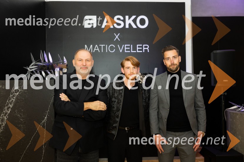  Dime Rangelov;  Matic Veler, modni oblikovalec;  Nejc RavnikarAsko odprl svoj prvi showroom v Sloveniji z modnim oblikovalcem Maticem Velerjem