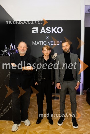  Dime Rangelov;  Matic Veler, modni oblikovalec;  Nejc RavnikarAsko odprl svoj prvi showroom v Sloveniji z modnim oblikovalcem Maticem Velerjem