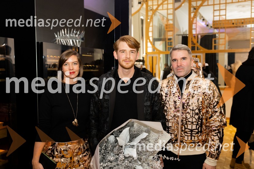  Teja Roglič, odnosi z javnostmi LJFW;  Matic Veler, modni oblikovalec;  Sašo Kralj, odnosi z javnostmi, LJFWAsko odprl svoj prvi showroom v Sloveniji z modnim oblikovalcem Maticem Velerjem