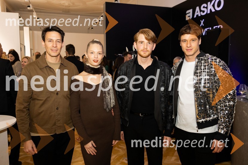  Bojan Semen, art direktor skupine flowiogroup;  Barbara Sor, lastnica Swimsor trajnostne kopalke in Soreniti platforme;  Matic Veler, modni oblikovalec;  Nac VisocnikAsko odprl svoj prvi showroom v Sloveniji z modnim oblikovalcem Maticem Velerjem