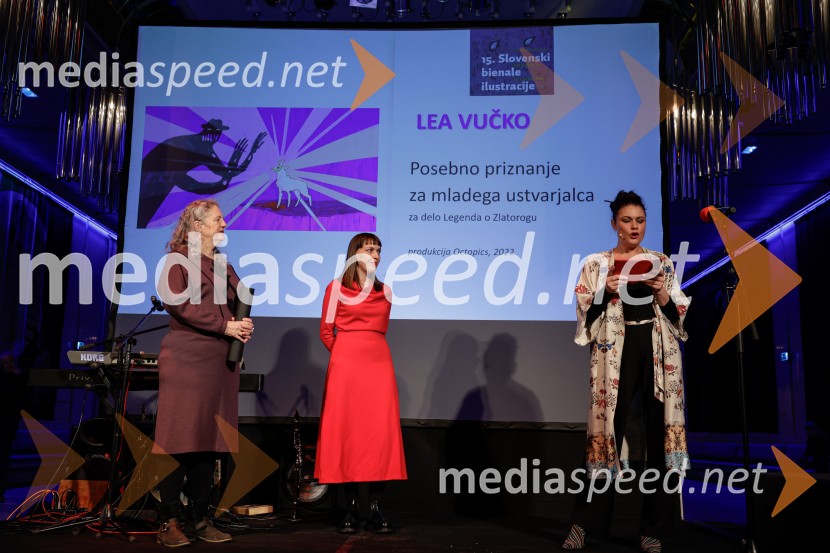  Tanja Mastnak;  Lea Vučko, oblikovalka vizualnih komunikacij;  Pia Zemljič, igralka15. Slovenski bienale ilustracije, odprtje razstave