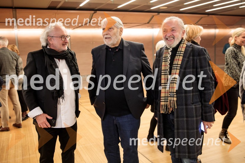  Peter Bratuša, režiser;  Boris Cavazza, igralec;  Milan Gačanovič - Gacho, modni oblikovalec in art direktorBabica gre na jug, svečana premiera digitalizirane klasike in poklon Vinciju Vogueu Anžlovarju