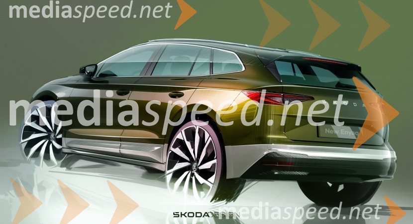 Skice zunanjosti novih modelov Škoda Enyaq: električna uspešnica posodobljena v slogu Modern Solid