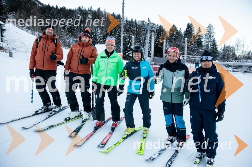  ... ;  ... ;  ... ;  Tomaž Šušteršič, generalni sekretar organizacijskega komiteja Planica;  Andrej  Šporn, nekdanji smučar;  Jani Hladnik, tekmovalni direktor tehničnih disciplinNovinarska konferenca OK Kranjska Gora ob robu FIS snežne kontrole