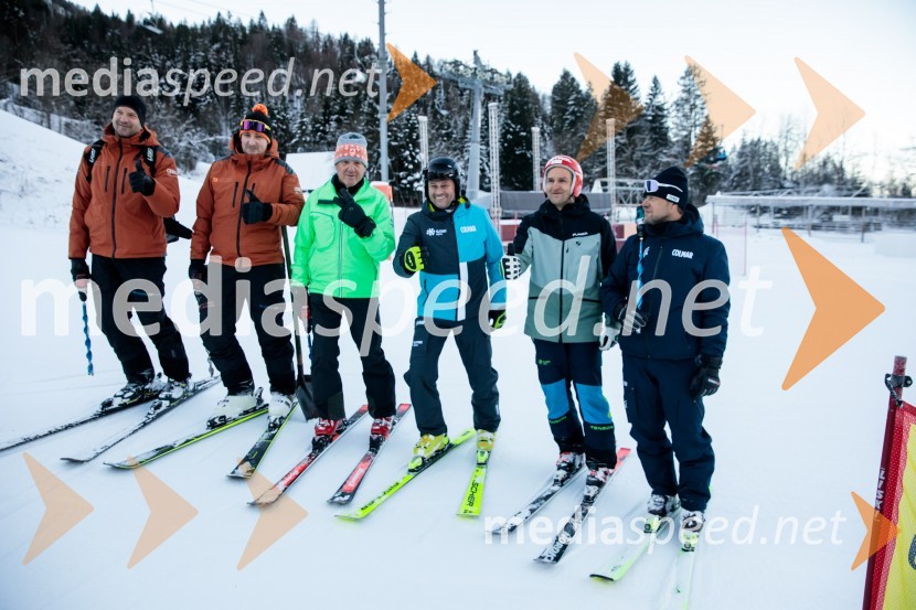  ... ;  ... ;  ... ;  Tomaž Šušteršič, generalni sekretar organizacijskega komiteja Planica;  Andrej  Šporn, nekdanji smučar;  Jani Hladnik, tekmovalni direktor tehničnih disciplinNovinarska konferenca OK Kranjska Gora ob robu FIS snežne kontrole
