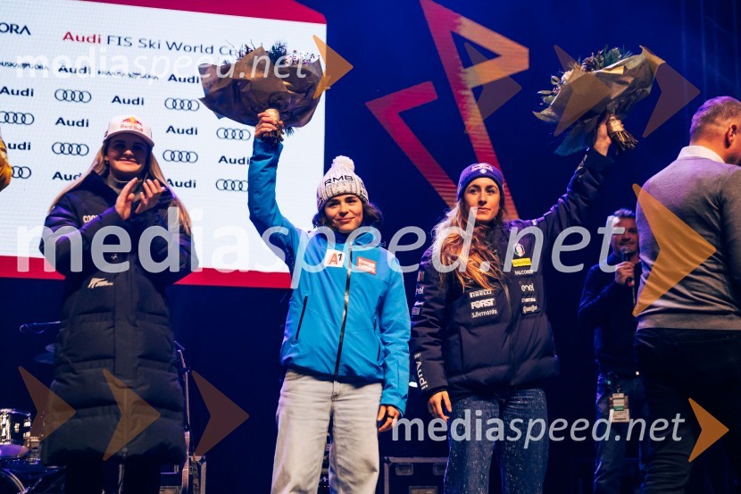  Alice Robinson, smučarka (Novazelendija);  Julia Scheib, smučarka (Avstrija);  Sofia Goggia, smučarka (Italija)Sobotna podelitev in žreb, Svetovni pokal v alpskem smučanju za ženske Kranjska Gora 2025