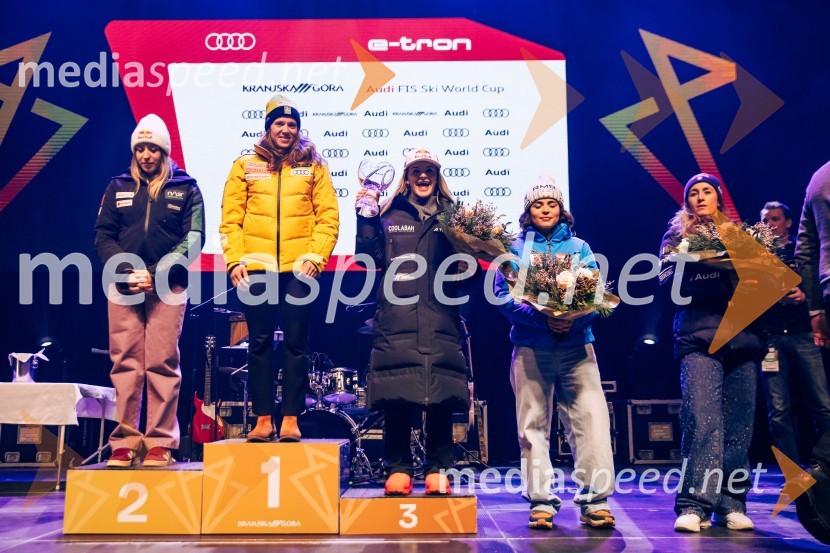  Lara Colturi, smučarka (Albanija);  Sara Hector, smučarka (Švedska);  Alice Robinson, smučarka (Novazelendija);  Julia Scheib, smučarka (Avstrija);  Sofia Goggia, smučarka (Italija)Sobotna podelitev in žreb, Svetovni pokal v alpskem smučanju za ženske Kranjska Gora 2025