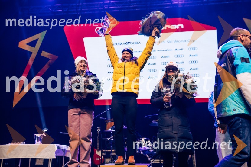  Lara Colturi, smučarka (Albanija);  Sara Hector, smučarka (Švedska);  Alice Robinson, smučarka (Novazelendija)Sobotna podelitev in žreb, Svetovni pokal v alpskem smučanju za ženske Kranjska Gora 2025