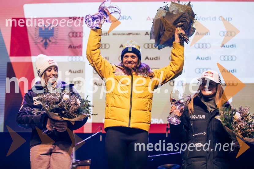  Lara Colturi, smučarka (Albanija);  Sara Hector, smučarka (Švedska);  Alice Robinson, smučarka (Novazelendija)Sobotna podelitev in žreb, Svetovni pokal v alpskem smučanju za ženske Kranjska Gora 2025