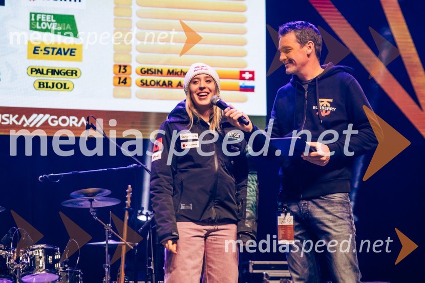  Lara Colturi, smučarka (Albanija);  Mitja Šeško, moderator prireditev Sobotna podelitev in žreb, Svetovni pokal v alpskem smučanju za ženske Kranjska Gora 2025