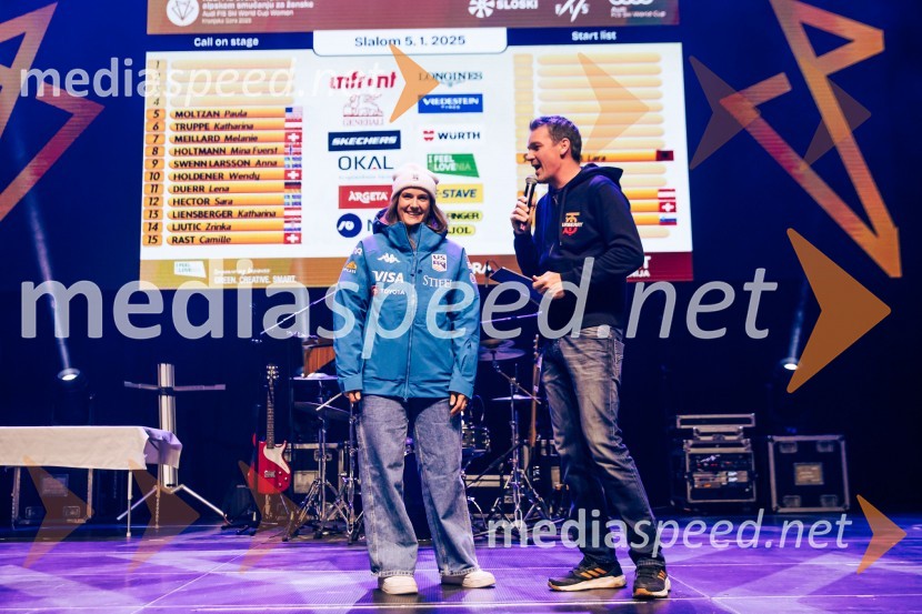  Paula Moltzan, smučarka (Amerika);  Mitja Šeško, moderator prireditev Sobotna podelitev in žreb, Svetovni pokal v alpskem smučanju za ženske Kranjska Gora 2025