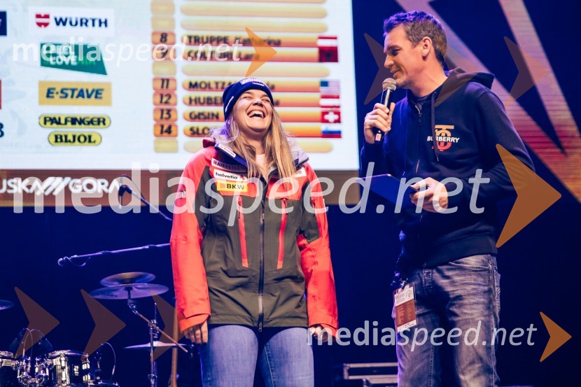  Melanie Meillard, smučarka (Švica);  Mitja Šeško, moderator prireditev Sobotna podelitev in žreb, Svetovni pokal v alpskem smučanju za ženske Kranjska Gora 2025