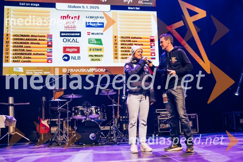  Mina Fuerst Holtmann, smučarka (Norveška);  Mitja Šeško, moderator prireditev Sobotna podelitev in žreb, Svetovni pokal v alpskem smučanju za ženske Kranjska Gora 2025