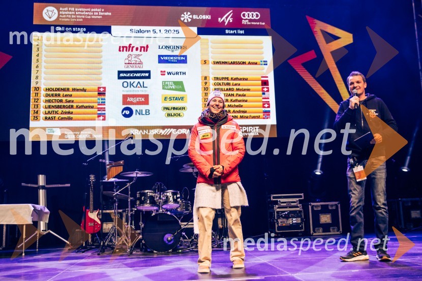  Wendy Holdener, smučarka (Švica);  Mitja Šeško, moderator prireditev Sobotna podelitev in žreb, Svetovni pokal v alpskem smučanju za ženske Kranjska Gora 2025