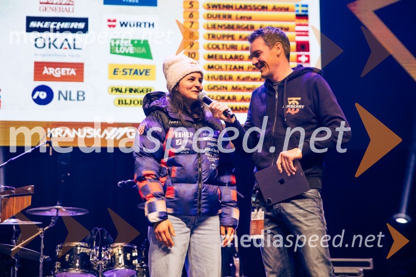  Zrinka Ljutić, smučarka (Hrvaška);  Mitja Šeško, moderator prireditev Sobotna podelitev in žreb, Svetovni pokal v alpskem smučanju za ženske Kranjska Gora 2025
