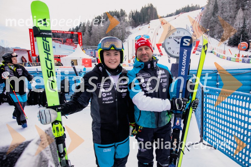 Neja  Dvornik, smučarka;  Rene  Mlekuž, nekdanji smučar, organizator Grubinega memorialaSvetovni pokal v alpskem smučanju za ženske Kranjska Gora 2025, VIP druženje sobota