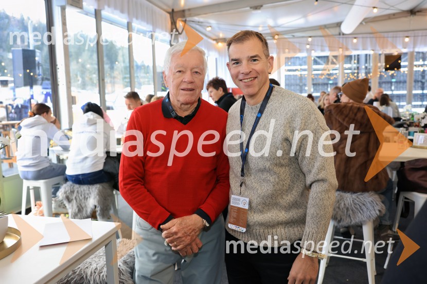  Tone Vogrinec, športni in smučarski funkcionar;  Leon Korošec, Direktor zimsko-športne divizije, Podpredsednik skupine ElanSvetovni pokal v alpskem smučanju za ženske Kranjska Gora 2025, VIP druženje nedelja