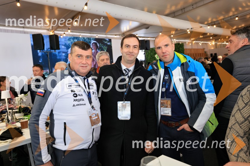  Janez Bijol,  direktor podjetja Bijol d.o.o., predsednik Zbora alpskih disciplin, Smučarska zveza Slovenije;  Rok Capl, direktor, Spirit Slovenia;  Uroš Zupan, direktor, Smučarska zveza Slovenije Svetovni pokal v alpskem smučanju za ženske Kranjska Gora 2025, VIP druženje nedelja