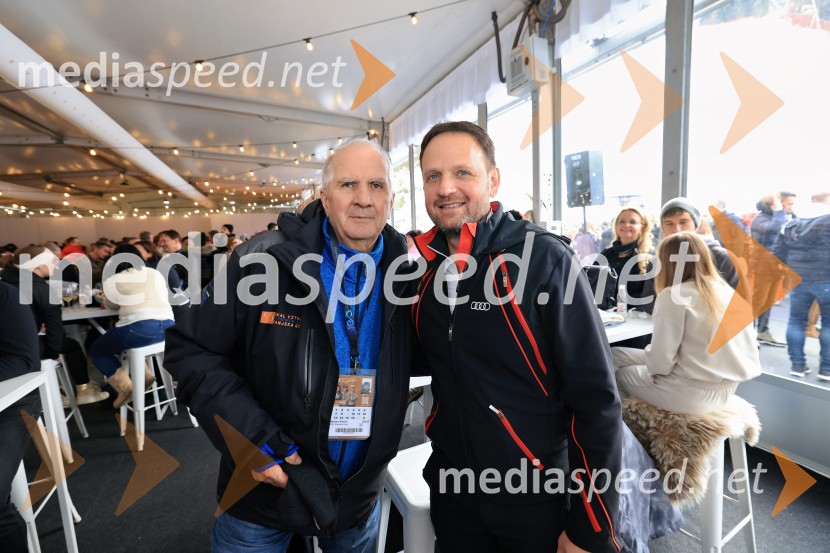  Srečko Medven, generalni sekretar pokala Vitranc;  Franci Bolta, direktor znamke Audi pri podjetju Porsche Slovenija d.o.o.Svetovni pokal v alpskem smučanju za ženske Kranjska Gora 2025, VIP druženje nedelja
