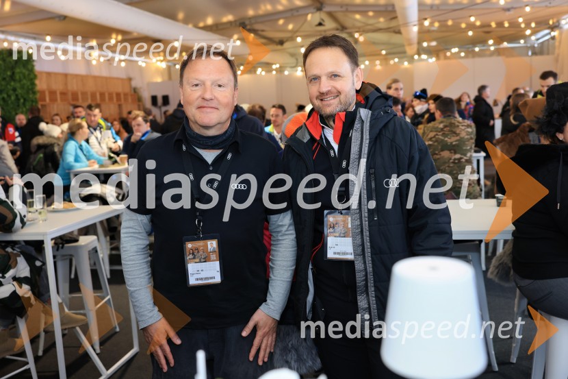  Samo Pagon, vodja marketinga znamke Audi pri podjetju Porsche Slovenija d.o.o.;  Franci Bolta, direktor znamke Audi pri podjetju Porsche Slovenija d.o.o.Svetovni pokal v alpskem smučanju za ženske Kranjska Gora 2025, VIP druženje nedelja