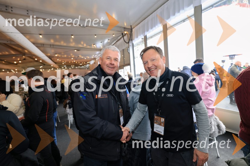  Grega  Benedik, nekdanji smučar;  Samo Pagon, vodja marketinga znamke Audi pri podjetju Porsche Slovenija d.o.o.Svetovni pokal v alpskem smučanju za ženske Kranjska Gora 2025, VIP druženje nedelja