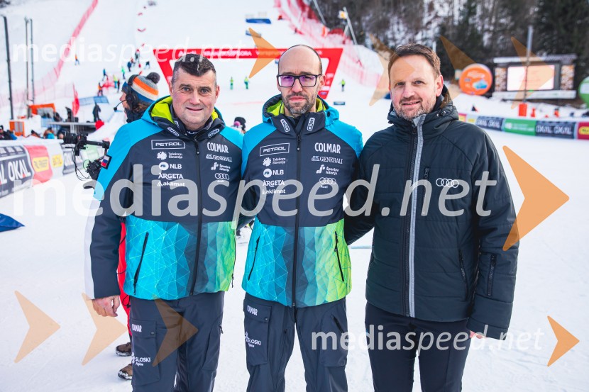  Janez Bijol,  direktor podjetja Bijol d.o.o., predsednik Zbora alpskih disciplin, Smučarska zveza Slovenije;  Luka Steiner, predsednik, Smučarska zveza Slovenije;  Franci Bolta, direktor znamke Audi pri podjetju Porsche Slovenija d.o.o.Svetovni pokal v alpskem smučanju za ženske Kranjska Gora 2025, VIP druženje nedelja