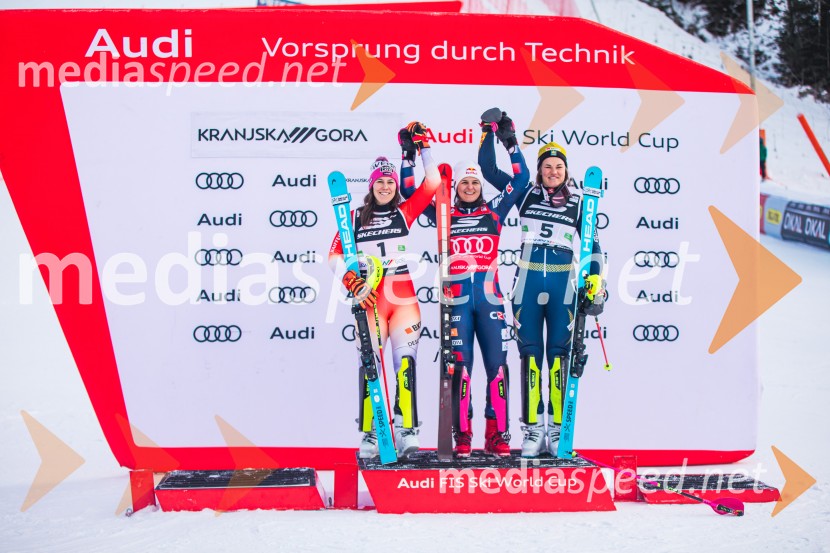  Wendy Holdener, smučarka (Švica);  Zrinka Ljutić, smučarka (Hrvaška);  Anna Swenn Larsson, smučarkaSvetovni pokal v alpskem smučanju za ženske Kranjska Gora 2025, slalom