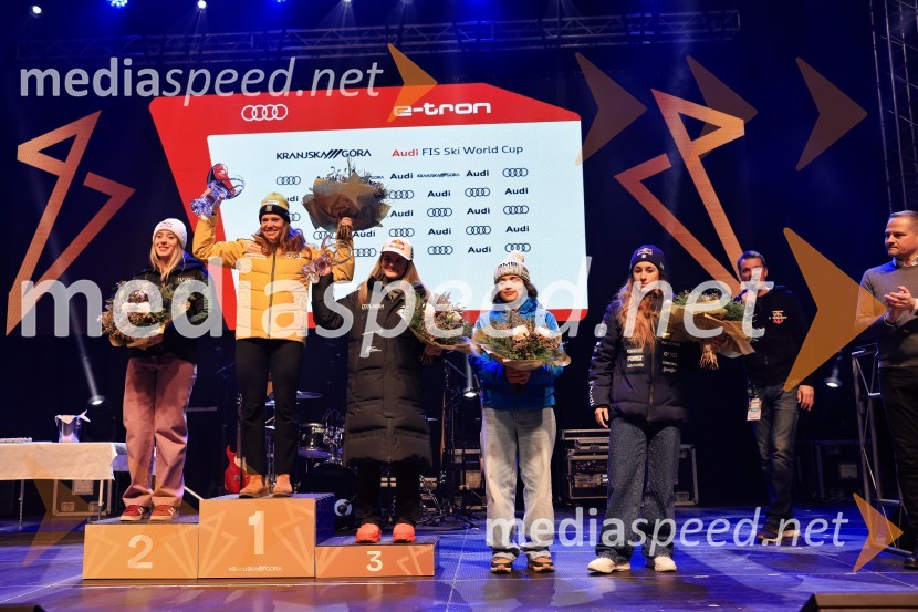  Lara Colturi, smučarka (Albanija);  Sara Hector, smučarka (Švedska);  Alice Robinson, smučarka (Novazelendija);  Julia Scheib, smučarka (Avstrija);  Sofia Goggia, smučarka (Italija)Sobotna podelitev in žreb, Svetovni pokal v alpskem smučanju za ženske Kranjska Gora 2025