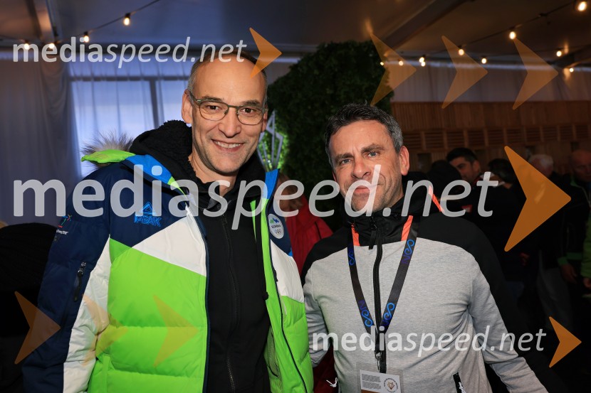  Aleksander Salkič, Pošta Slovenije;  Uroš  Fonovič, direktor, Lunos SlovenijaSvetovni pokal v alpskem smučanju za ženske Kranjska Gora 2025, VIP druženje sobota