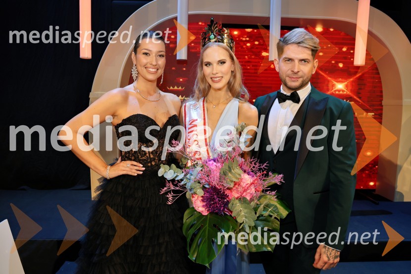  Alenka Husić, pevka;  Amadea Zupan, Miss Slovenia 2024;  Klemen Bunderla, radijski voditelj, radio AktualMiss Slovenije 2024