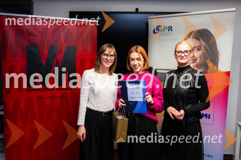  Mateja Repovž, namestnica direktorice na Marketing magazinu in direktorica DIGGIT;  Ana Boršič, A1 Slovenija;  Karolina Marolt, vodja marketinga, Curaprox Slovenija in predavateljica na šoli LSPRLondonska šola za odnose z javnostmi (LSPR), podelitev diplom 2024
