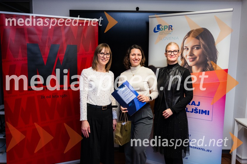  Mateja Repovž, namestnica direktorice na Marketing magazinu in direktorica DIGGIT;  Maja Novak, ustanoviteljica svetovalnega portala Mayita;  Karolina Marolt, vodja marketinga, Curaprox Slovenija in predavateljica na šoli LSPRLondonska šola za odnose z javnostmi (LSPR), podelitev diplom 2024
