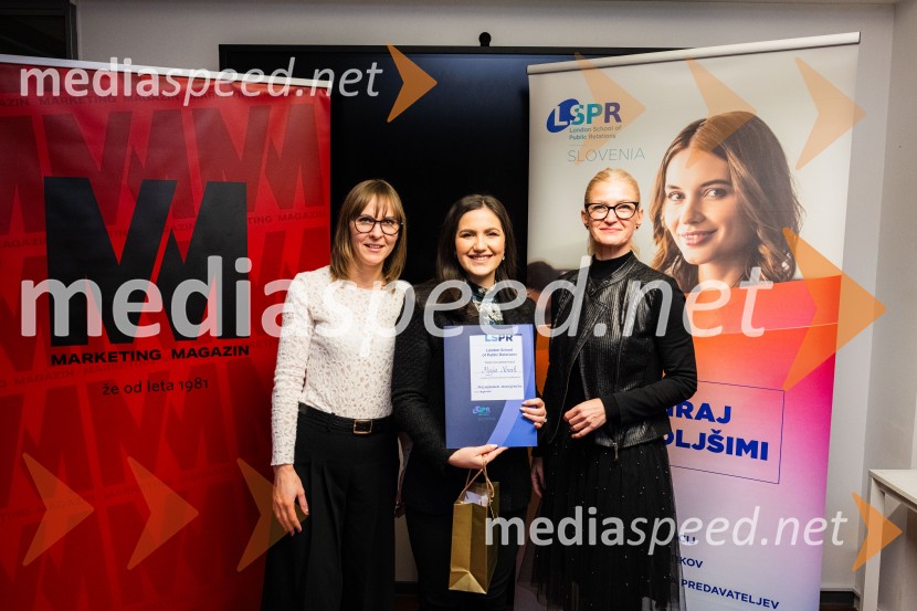  Mateja Repovž, namestnica direktorice na Marketing magazinu in direktorica DIGGIT;  Karolina Marolt, vodja marketinga, Curaprox Slovenija in predavateljica na šoli LSPR;  Maja Novak, ustanoviteljica svetovalnega portala MayitaLondonska šola za odnose z javnostmi (LSPR), podelitev diplom 2024