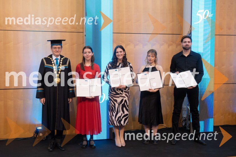 prof. dr. Zdravko Kačič, rektor Univerze v Mariboru;  Raffaela Döring, Pedagoška fakulteta;  Larisa Sreš, Pedagoška fakulteta ;  Lea Arnejčič, Pedagoška fakulteta;  Andrej Karo, Pedagoška fakultetaRektorjev dan Univerze v Mariboru 2025