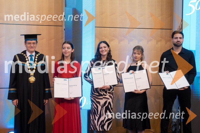 prof. dr. Zdravko Kačič, rektor Univerze v Mariboru;  Raffaela Döring, Pedagoška fakulteta;  Larisa Sreš, Pedagoška fakulteta ;  Lea Arnejčič, Pedagoška fakulteta;  Andrej Karo, Pedagoška fakultetaRektorjev dan Univerze v Mariboru 2025