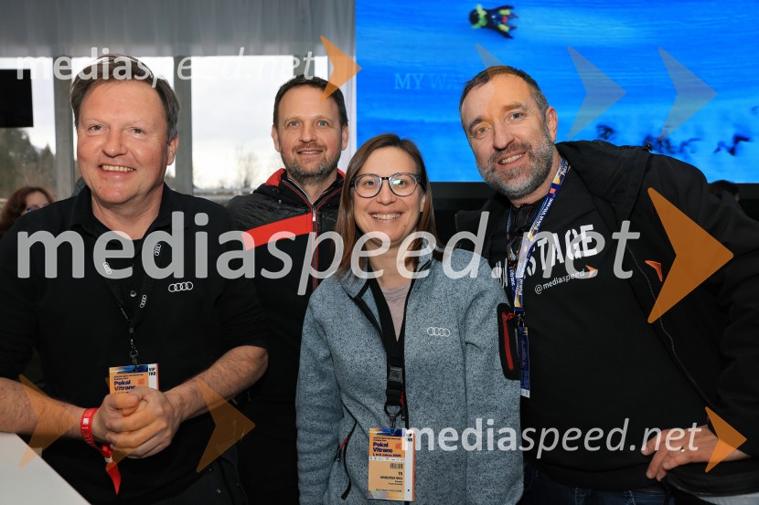  Samo Pagon, vodja marketinga znamke Audi pri podjetju Porsche Slovenija d.o.o.;  Franci Bolta, direktor znamke Audi pri podjetju Porsche Slovenija d.o.o.;  ... ;  Borut  Cvetko, kreativni direktor, Mediaspeed d.o.o.64. Pokal Vitranc 2025, VIP druženje