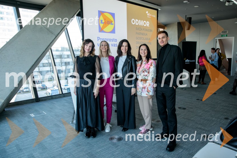  Rinalda Klemenčič, strokovna direktorica Effie Slovenija 2025;  Špela Žorž, predsednica Effie Slovenija 2025;  Dunja Antonijević, vodja produktnega marketinga, Krka;  Katarina Pivk Kreft, direktorica, Kotányi Slovenija;  Goran Lang, strateg, Futura DDB2. Effie dan