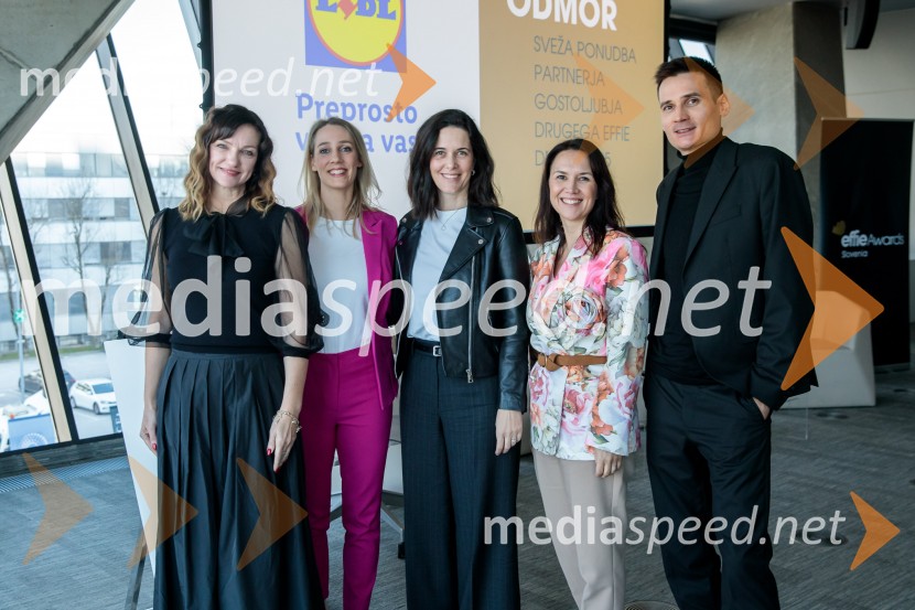  Rinalda Klemenčič, strokovna direktorica Effie Slovenija 2025;  Špela Žorž, predsednica Effie Slovenija 2025;  Dunja Antonijević, vodja produktnega marketinga, Krka;  Katarina Pivk Kreft, direktorica, Kotányi Slovenija;  Goran Lang, strateg, Futura DDB2. Effie dan