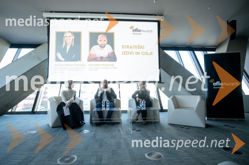  Špela Žorž, predsednica Effie Slovenija 2025;  Davorin Milinović;  Majda Modic Taslidža2. Effie dan