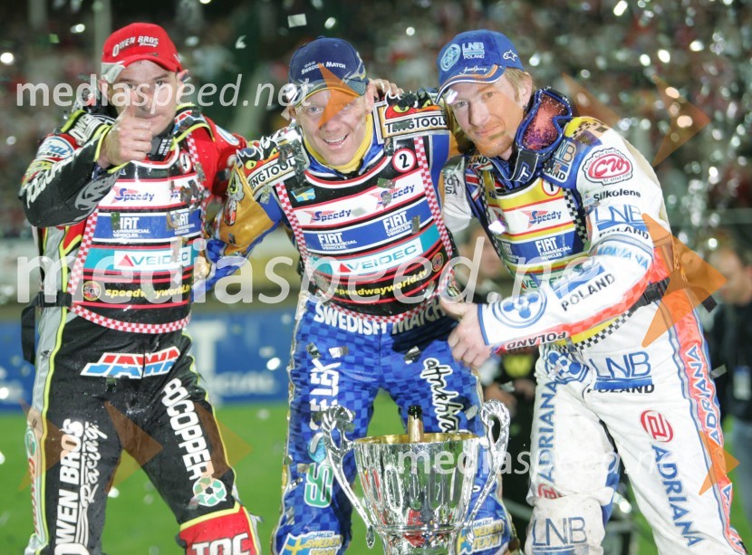 Prvi trije, od leve: Leigh Adams (Avstralija), Tony Rickardsson (Švedska) in Jason Crump (Avstralija)SPEEDWAY, VN Evrope 2005