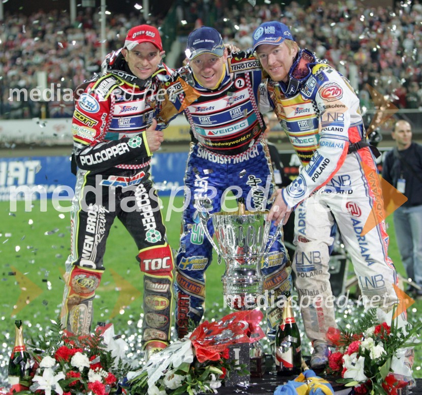 Prvi trije, od leve: Leigh Adams (Avstralija), Tony Rickardsson (Švedska) in Jason Crump (Avstralija)SPEEDWAY, VN Evrope 2005