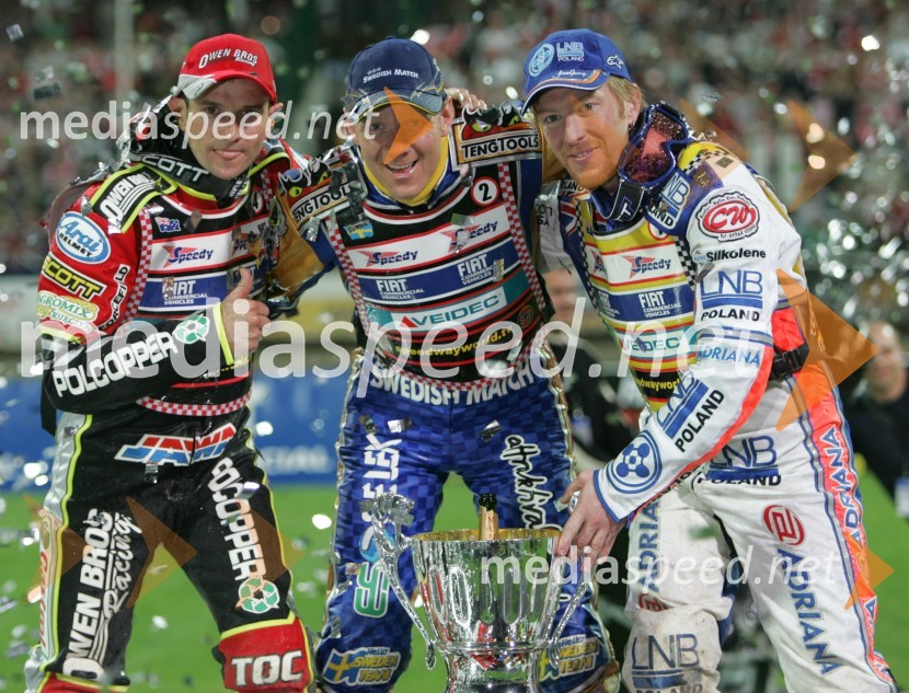 Prvi trije, od leve: Leigh Adams (Avstralija), Tony Rickardsson (Švedska) in Jason Crump (Avstralija)SPEEDWAY, VN Evrope 2005
