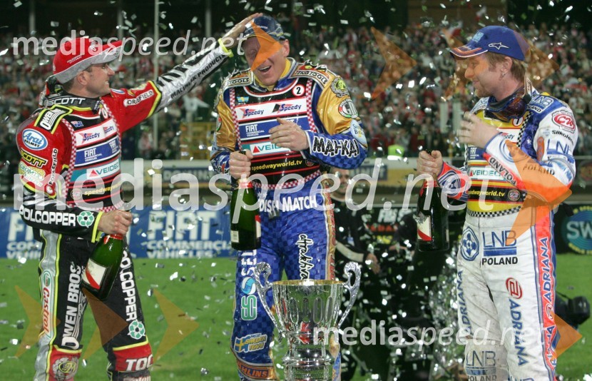 Prvi trije, od leve: Leigh Adams (Avstralija), Tony Rickardsson (Švedska) in Jason Crump (Avstralija)SPEEDWAY, VN Evrope 2005