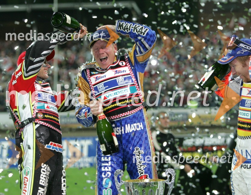 Prvi trije, od leve: Leigh Adams (Avstralija), Tony Rickardsson (Švedska) in Jason Crump (Avstralija)SPEEDWAY, VN Evrope 2005