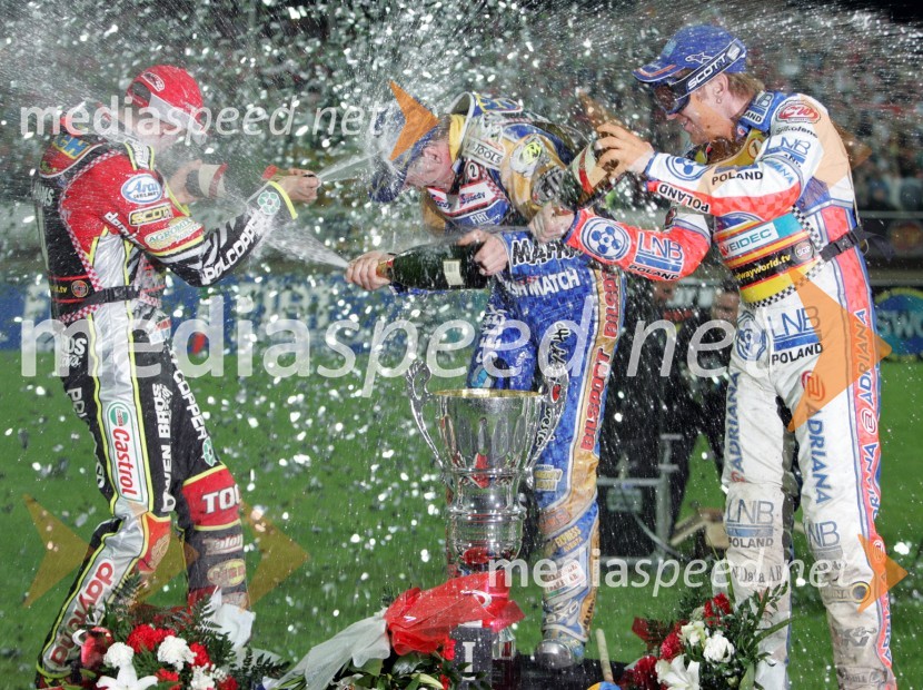 Prvi trije, od leve: Leigh Adams (Avstralija), Tony Rickardsson (Švedska) in Jason Crump (Avstralija)SPEEDWAY, VN Evrope 2005
