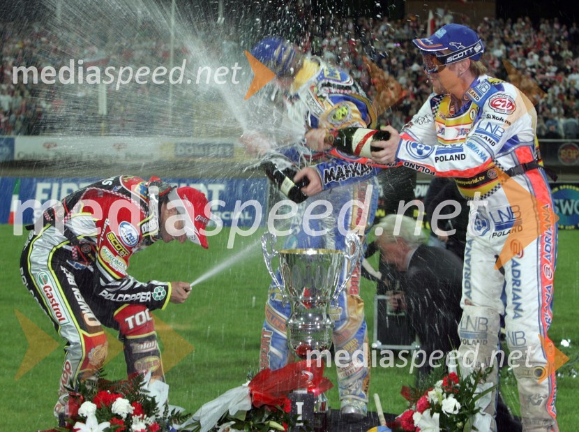 Prvi trije, od leve: Leigh Adams (Avstralija), Tony Rickardsson (Švedska) in Jason Crump (Avstralija)SPEEDWAY, VN Evrope 2005