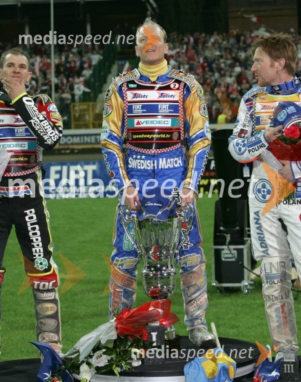 Prvi trije, od leve: Leigh Adams (Avstralija), Tony Rickardsson (Švedska) in Jason Crump (Avstralija)SPEEDWAY, VN Evrope 2005