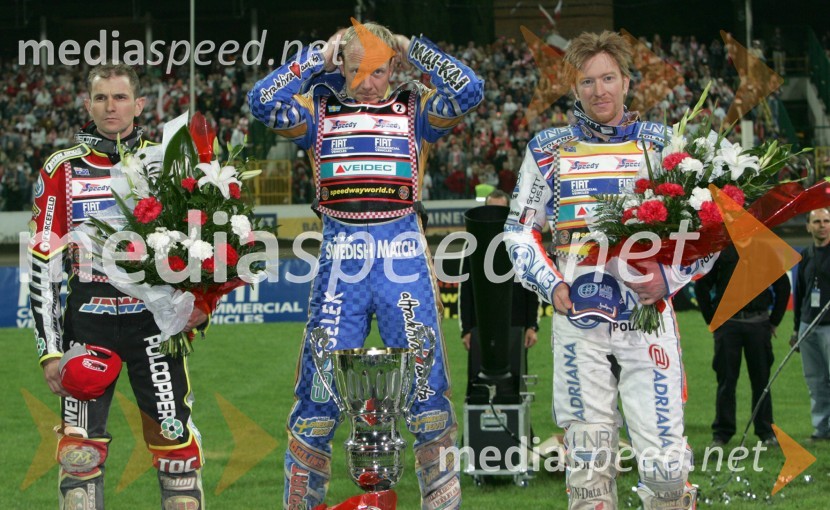 Prvi trije, od leve: Leigh Adams (Avstralija), Tony Rickardsson (Švedska) in Jason Crump (Avstralija)SPEEDWAY, VN Evrope 2005