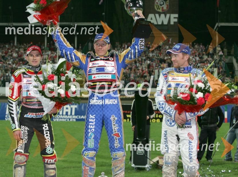 Prvi trije, od leve: Leigh Adams (Avstralija), Tony Rickardsson (Švedska) in Jason Crump (Avstralija)SPEEDWAY, VN Evrope 2005