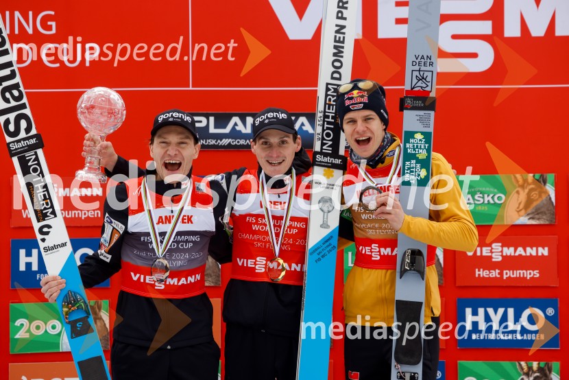  Anže Lanišek, smučarski skakalec;  Domen Prevc, smučarski skakalec;  Andreas Wellinger, smučarski skakalec (Nemčija)Domen Prevc do rekorda, Anže Lanišek do zmage, Planica 2025, nedelja